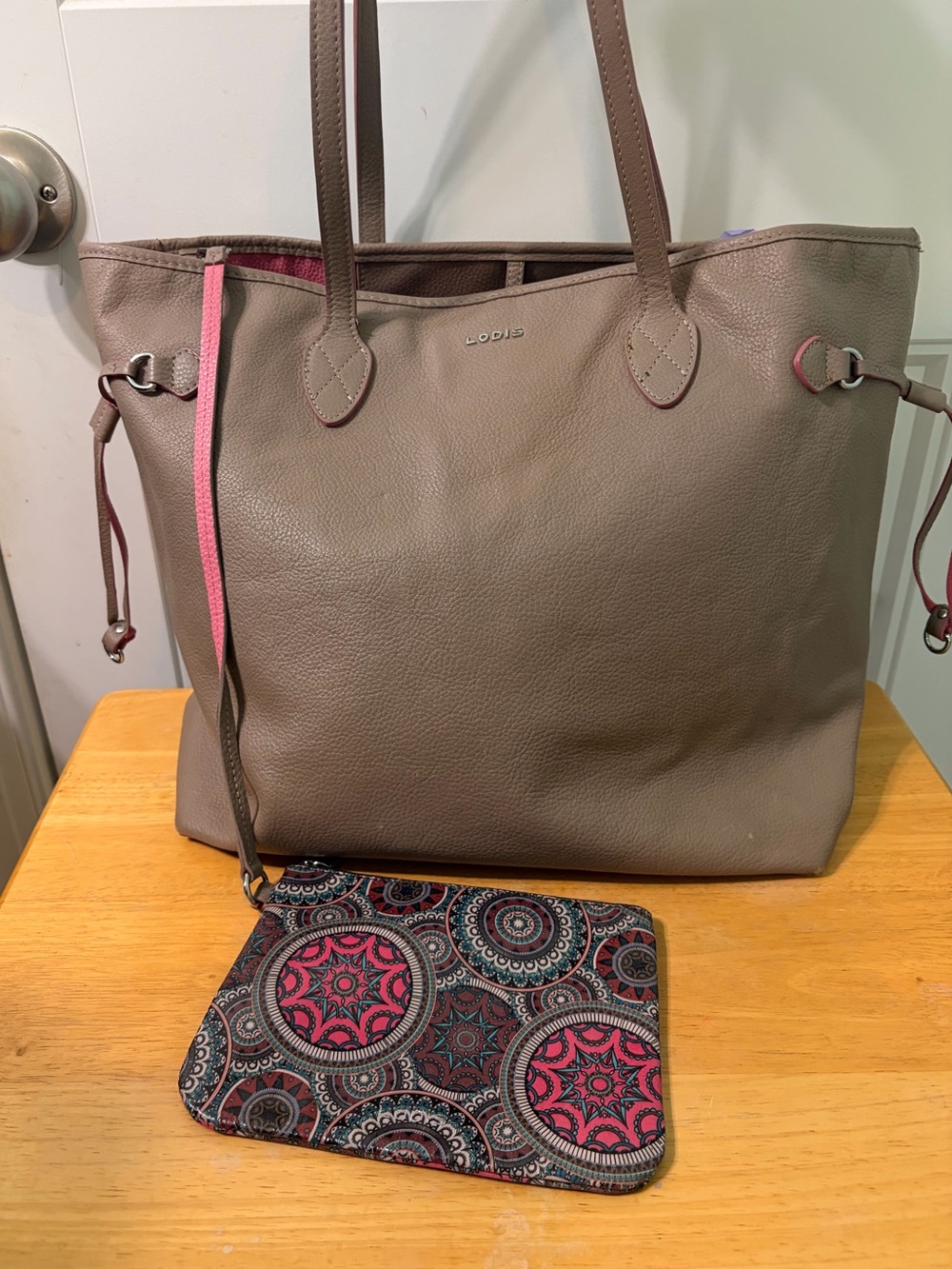 Lodis Taupe Leather Tote with Pink Trim and Matching Wristlet